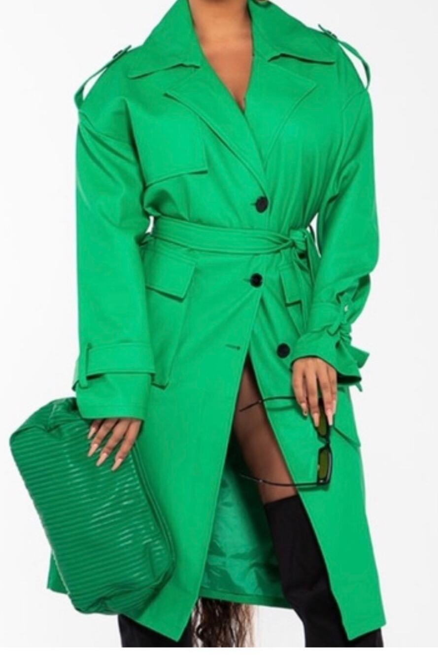 NWOT PrettyLittleThing Women's Kelly Green Faux Leather Trench Coat Sz 6 US